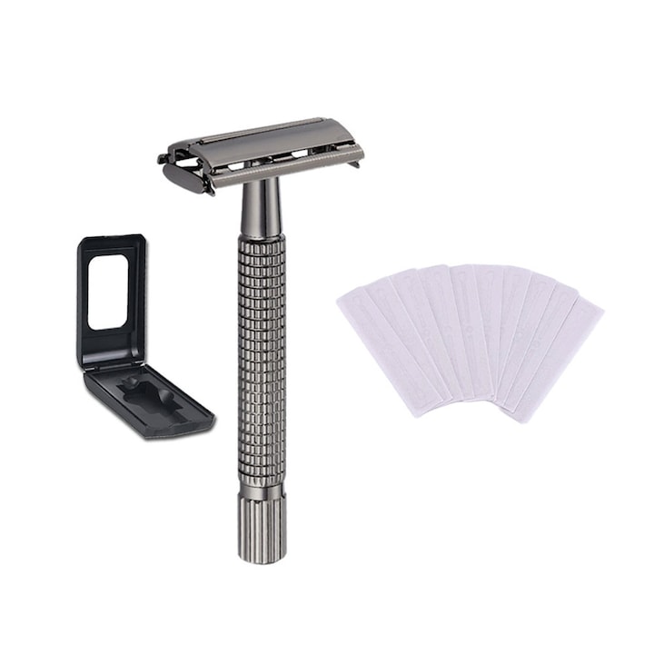 Set Aparat de Ras Clasic, Cutie de Transport si Depozitare, Oglinda Incorporata si 10 Lame Premium de Otel de Schimb Incluse, Otel Inoxidabil, PriStyle®