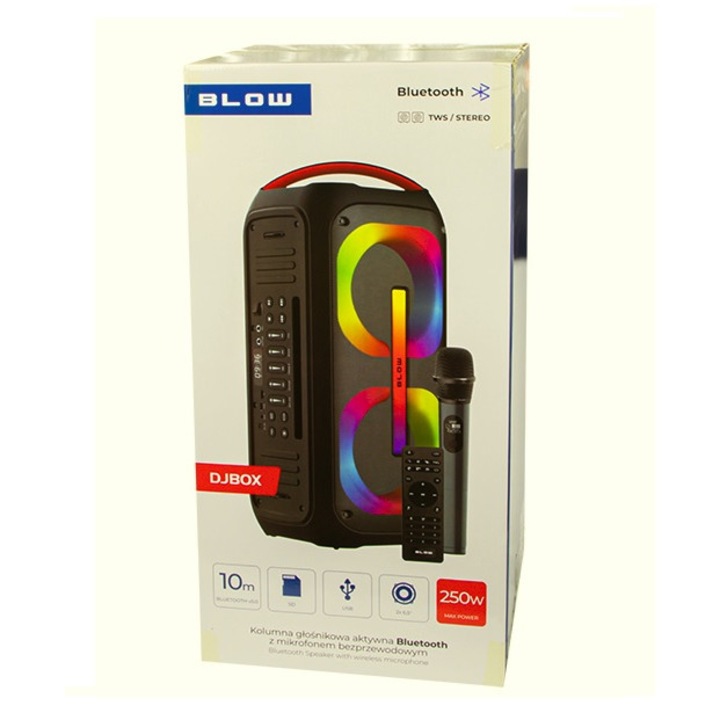 Активна преносима тонколона DJBOX, BLOW, 250W, микрофони, AUX, USB, SD
