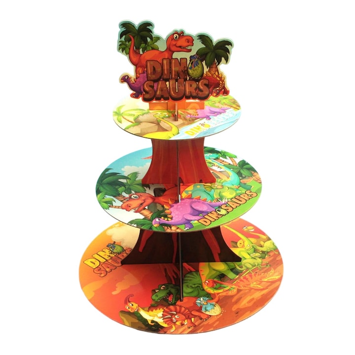 Suport Etajat pentru Prajituri, cu Tematica Dinozauri, 3 Nivele, Multicolor