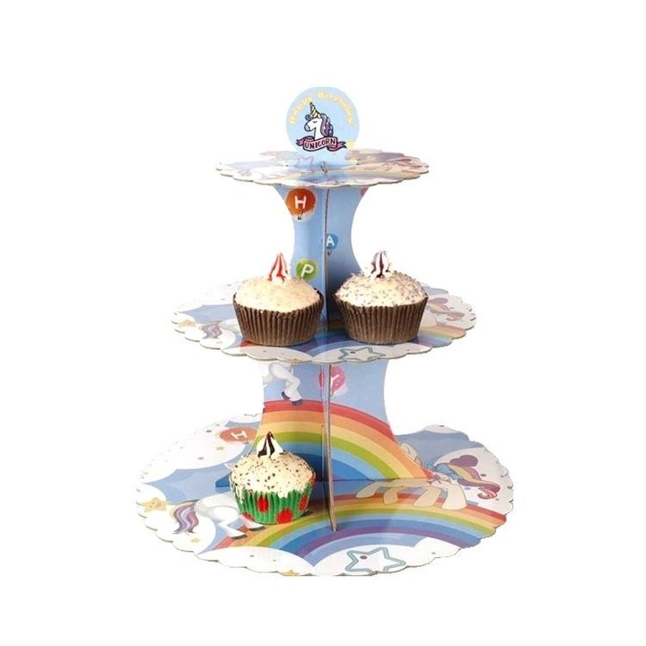 Suport Etajat pentru Prajituri, 3 Nivele, Tematica Unicorni si Curcubee, Multicolor