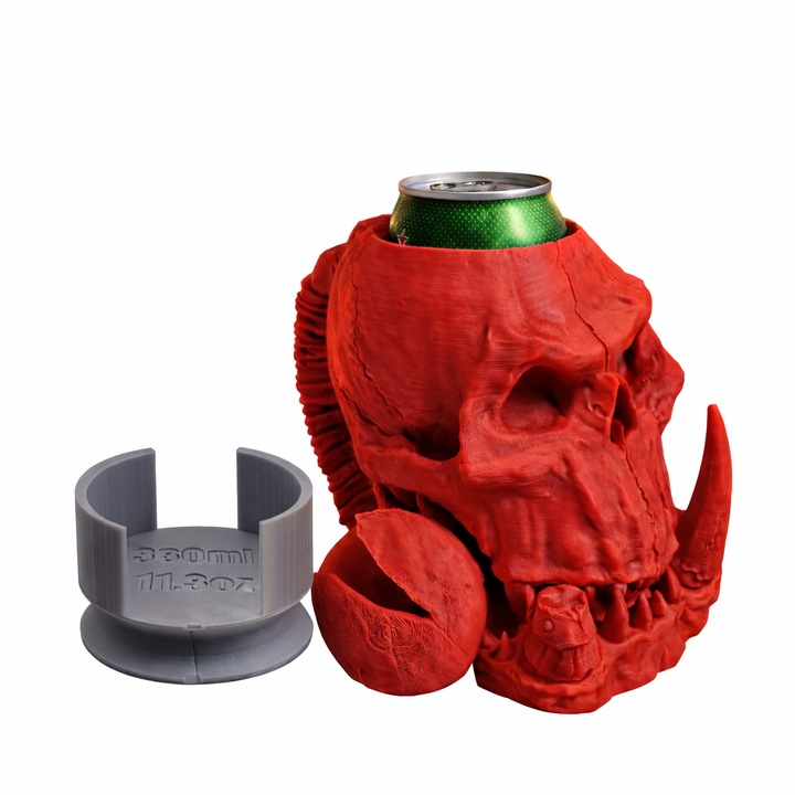 Orc koponya pohártartó, Nerd Castle, 500ml-es dobozokhoz, 330ml-es adapterrel, részletes design, piros