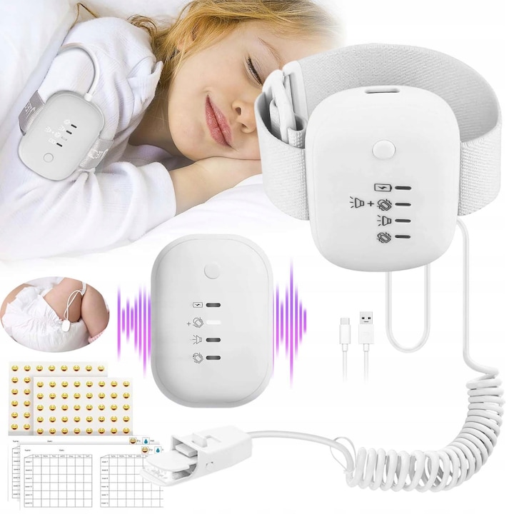 Аларма за уринарна инконтиненция, Гривна, Нощно напикаване, Сензор за влага, Безжична, Звук и вибрация, подходяща за деца, възрастни или хора с ограничена подвижност, USB презареждаема, бяла