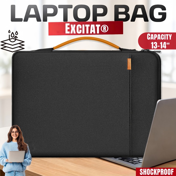Husa de Protectie 360° pentru Laptop 13/14 Inch, Excitat®, Compatibila cu MacBook Air 13, MacBook Pro 14 M4, M3, M2, M1, Surface Laptop 7, Geanta de laptop, Rezistenta la Apa, cu Buzunar pentru Accesorii, Negru