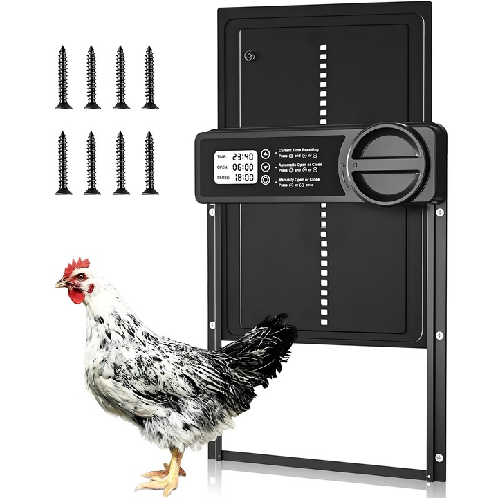 Ușă automată pentru coteț de păsări YOUKUKE, aluminiu, neagră, dimensiuni 24, 4x32, 8cm, ecran LCD, alimentată cu baterii