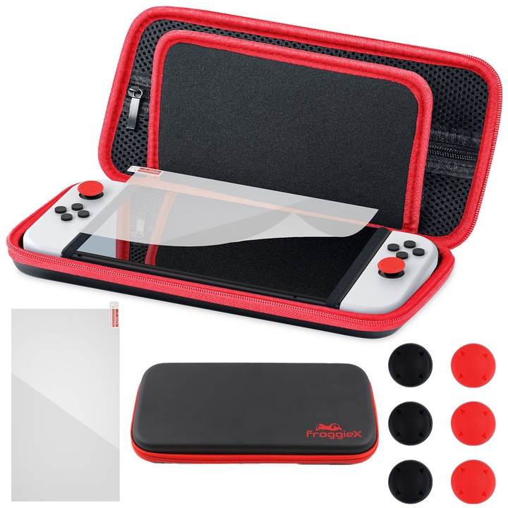 Etui Dobe Nintendo Switch/OLED Set 3 in 1, protectie, suport pentru 10 jocuri, negru, dimensiuni adaptate