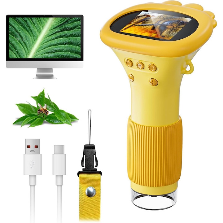 Microscop pentru copii, ecran IPS 2", marire 200X, portabil, cu snur, USB