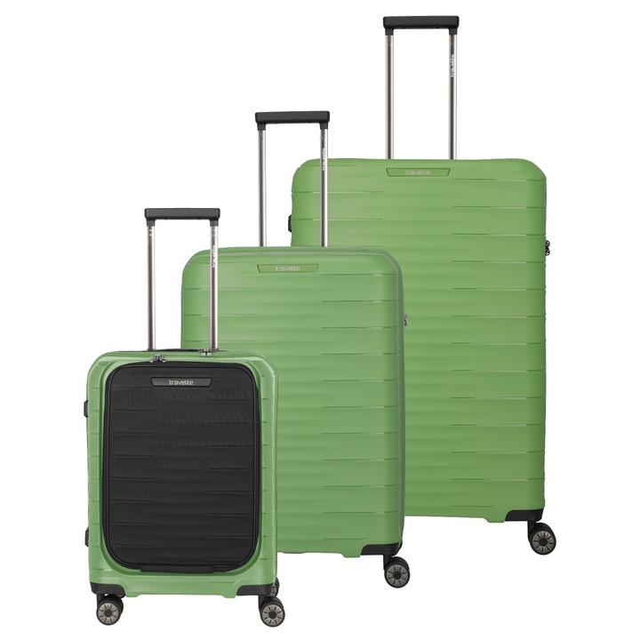 Troler Travelite Mooby S, verde, 4 roți duble, buzunar pentru laptop