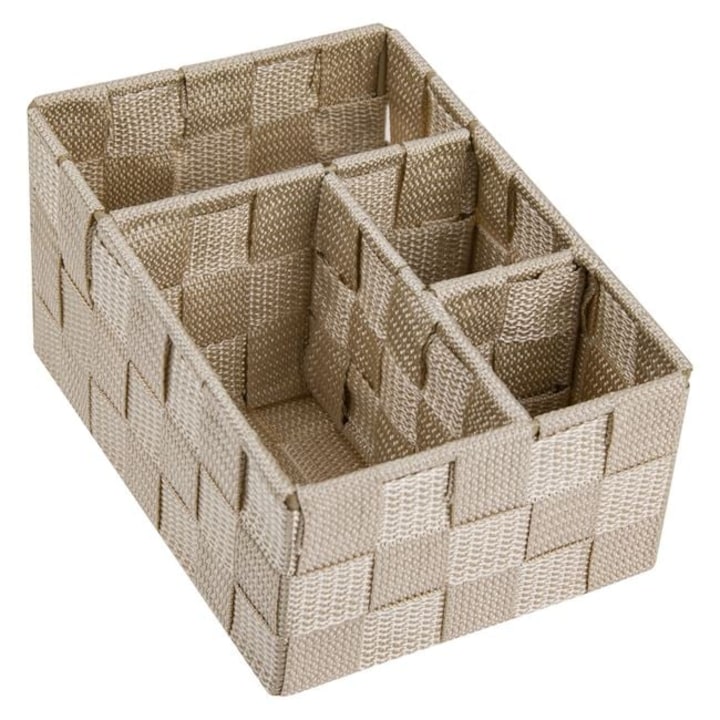 Cos Depozitare Impletit Bej cu 4 Compartimente Tip Ratan cu Cadru Metalic Organizator Baie Bucatarie Birou 14x19x10cm