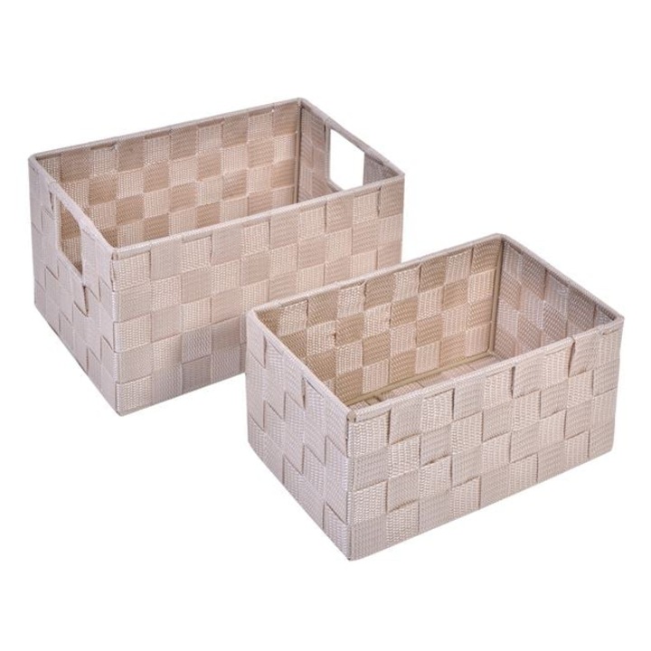 Set Cosuri Depozitare Impletite Bej Tip Rattan cu Cadru Metalic Organizare Casa Dulap Baie Birou 2 Bucati 26.5x16.5x14.5cm 23.5x13.5x11.5cm
