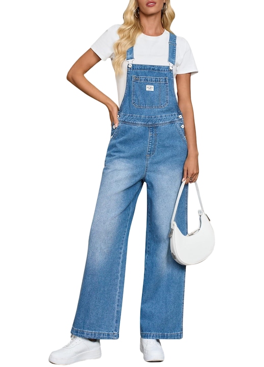 Salopete de denim, pentru femei, casual, bretele reglabile, pantalon palton lat（10232）, Albastru