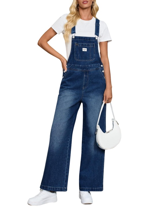Salopete de denim, pentru femei, casual, bretele reglabile, pantalon palton lat（10232）, Albastru inchis
