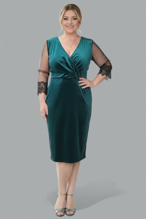 Rochie dama midi eleganta, croiala petrecuta, talie incretita, maneci din tulle, marimi mari