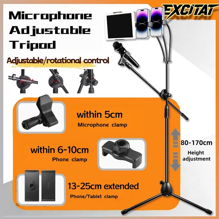 Suport microfon pantografic ajustabil, Excitat®, cu clema pentru microfon cu arc, 3 furtune flexibile, clema dubla pentru telefon, clema pentru tableta, extensibila 80-170 cm, potrivit pentru transmisiuni live, studiouri de inregistrare, negru