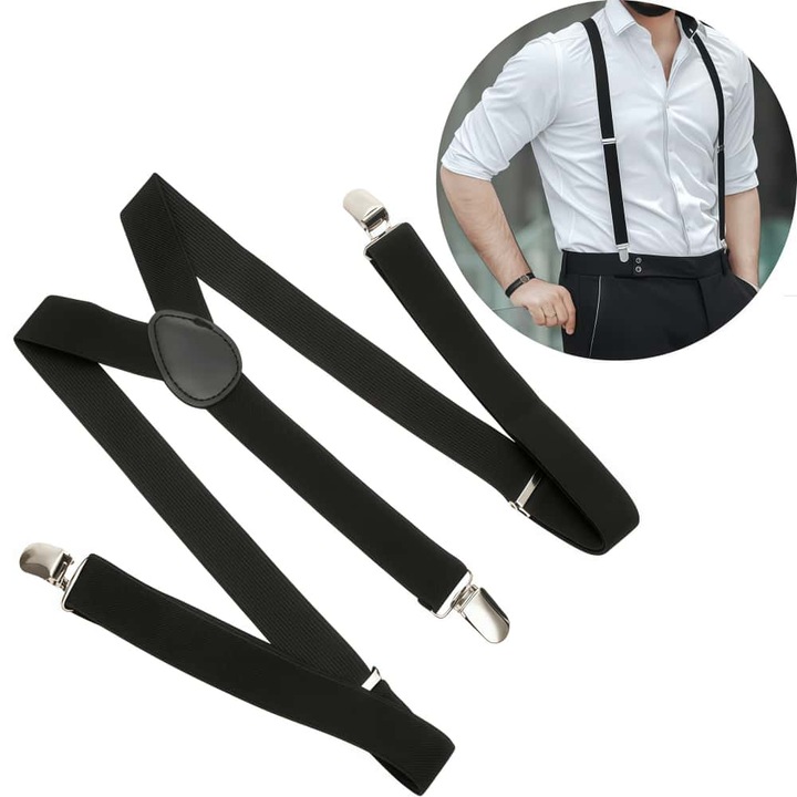 Bretele cu clipe pentru pantaloni, ARRRD, elasticitate stabilă, negru, lungime ajustabilă 80x120cm, set 4 clipe
