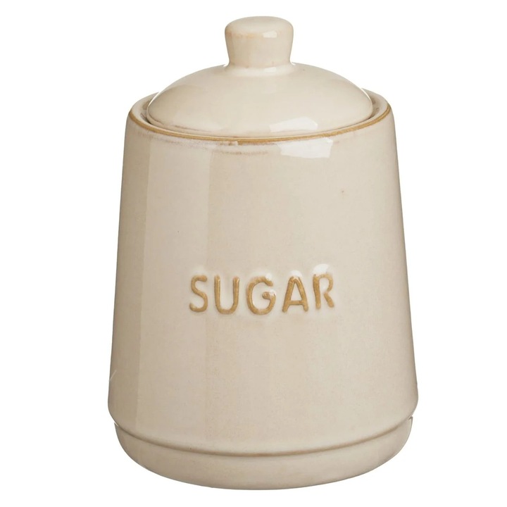 Kerámia tároló, bézs, fedővel, 630ml, "Sugar" felirattal