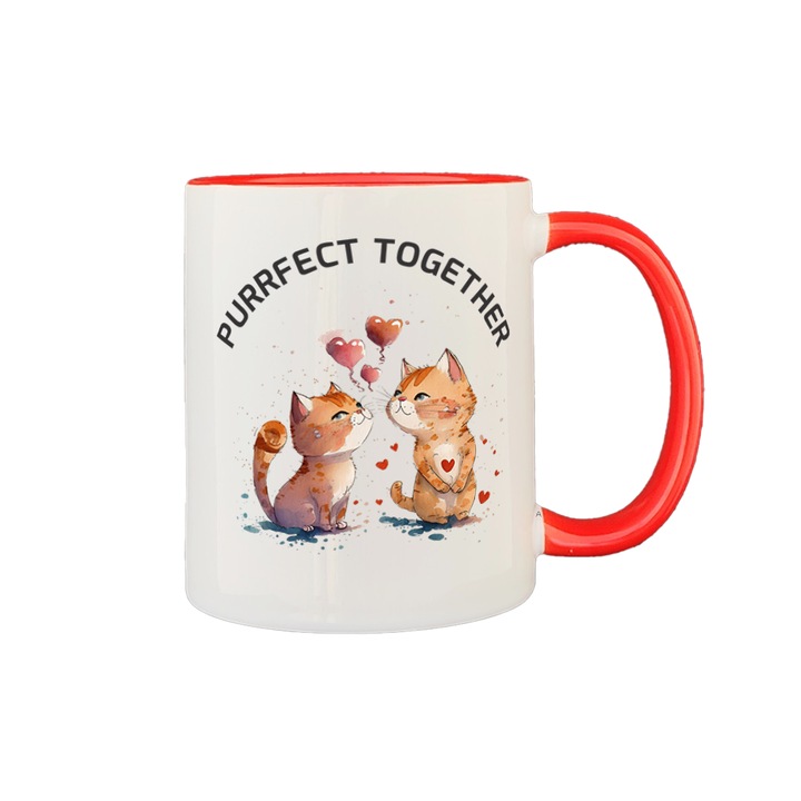 Cana alba personalizata, interior si maner rosu, 350ml, Colectia Valentine's Day, Purrfect Together Model 1