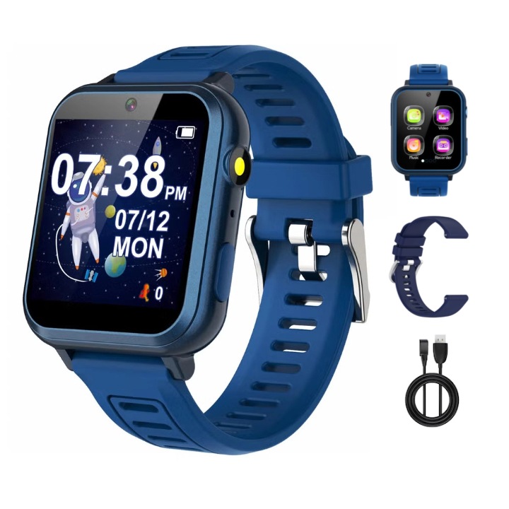 Ceas inteligent pentru copii, ceas de joc inteligent cu 24 de jocuri, ecran tactil HD, suport pentru video, camera, player muzical, pedometru, lanterna, ceas desteptator, pentru baieti si fete de 3-12 ani, albastru