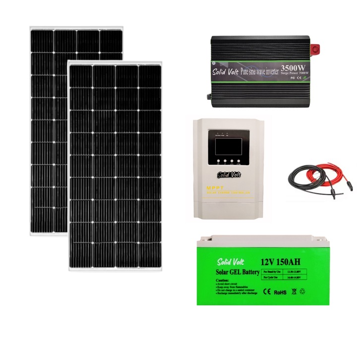 Sistem/kit fotovoltaic 2 panouri solare 200W + controller 40A + invertor sinus pur 3500W/7000W 12V + baterie solara 150Ah + conectori si cablu