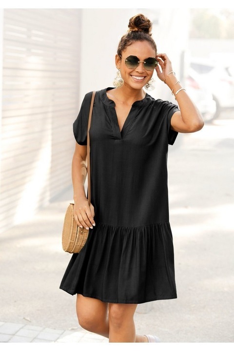 Rochie de vara, cu volan pe fusta, decolteu in V, A-line, lejera, negru, OEM, Negru