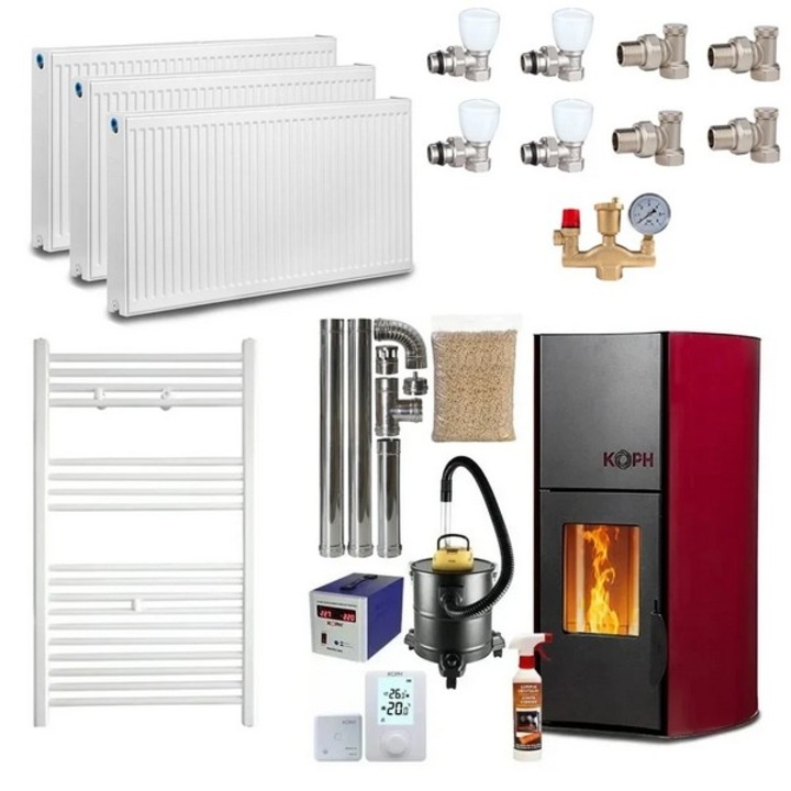 Pachet termosemineu pe peleti KOPH PM 12 kW, 80 mp, buncar peleti 12 kg, diametru cos fum ⌀80 mm, pompa recirculare si vas expansiune incorporate, Bordo, Grup siguranta, Robineti, Calorifere