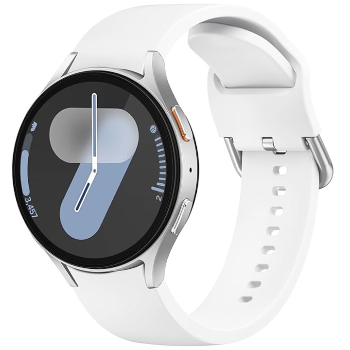 Szilikon sport szíj, Samsung Galaxy Watch 7 / 6 / 5 / 5 Pro / 4 készülékhez, 20mm-es rögzítés, uniszex, fém csat, fehér