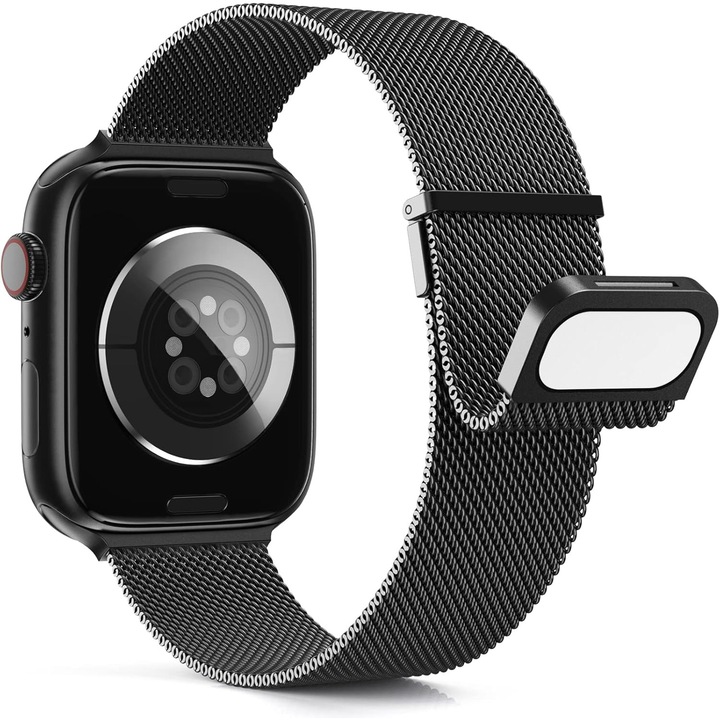 Curea Higgs compatibila cu Apple Watch 44mm / 45mm / 46mm pentru 11, 10, 9, 8, 7, 6, 5, 4, SE, SE2 – otel inoxidabil premium, prindere magnetica dubla reglabila, design elegant, tip Milanese Loop, Negru