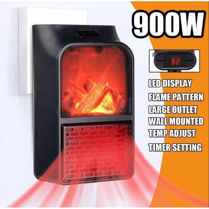 Aeroterma portabilă Flame TehnoFusion, 900 W, compactă, cu display digital, alb, 10x10x15cm