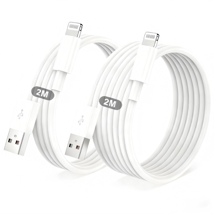 USB-Lightning töltőkábel, 2 darabos készlet, 2m, fehér, MFi minősítéssel