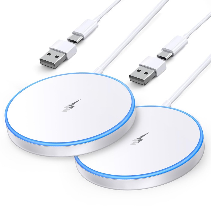 Set 2 Buc Incarcator Magnetic Wireless 15W MagSafe, cu 2 Porturi Intrare USB-C & USB-A & LED, Compatibil iPhone 16 15 14 13 12 Pro Max Plus & AirPods