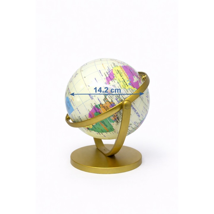 Glob pamantesc decorativ educational, pentru scoala si birou, harta lumii, design clasic, baza metalica aurie, diametru 14.2 x CM