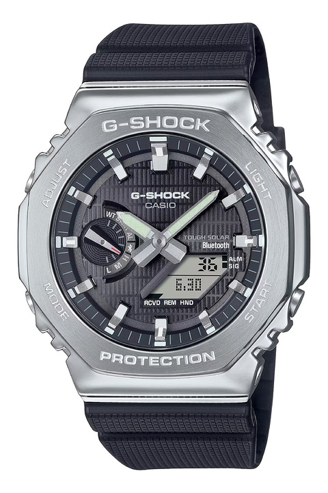 Casio, Часовник G-Shock с каишка от смола, Сребрист, Черен