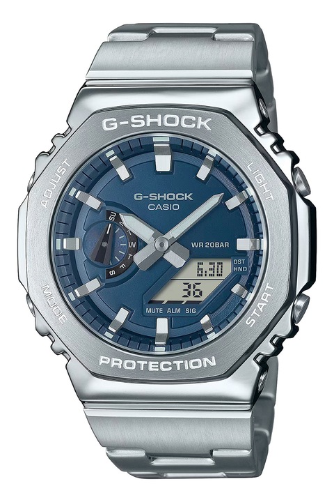 Casio, Часовник G-Shock с верижка от неръждаема стомана, Сребрист