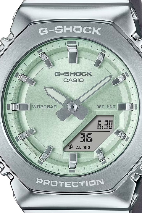 Casio, Аналогово-дигитален часовник G-Shock със силиконова каишка, Сребрист, Тъмносив