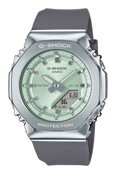 Casio, Аналогово-дигитален часовник G-Shock със силиконова каишка, Сребрист, Тъмносив