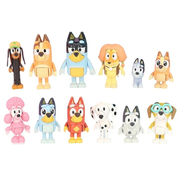 Set figurine Bluey si Bingo, 12 piese, mini papusi din PVC, articulate, decoratiuni pentru tort de ziua de nastere
