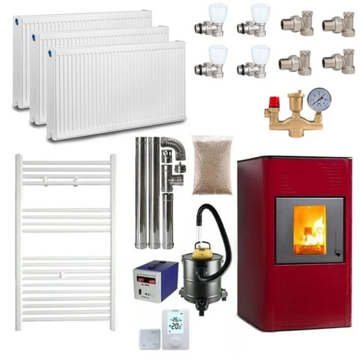 Pachet termosemineu cu peleti Termax Kamin PM 15 kW, 120 mp, buncar peleti 30 kg, volum apa 30 litri, diametru cos fum ⌀80 mm, vas expansiune si pompa recirculare incluse, Bordo, Calorifere, Robineti, Grup siguranta