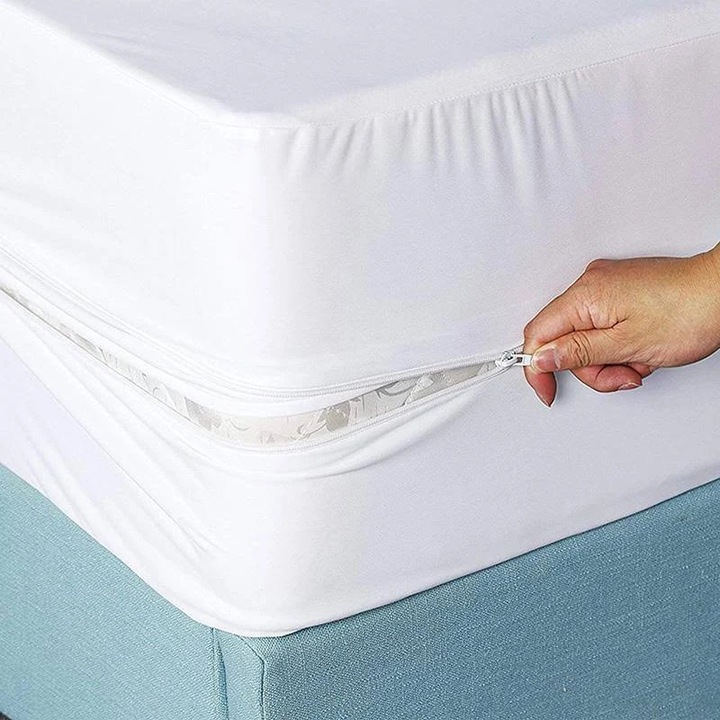 Husa completa pentru saltea impermeabila cu fermoar, 160X200, protectieintegrala 6 fete alb