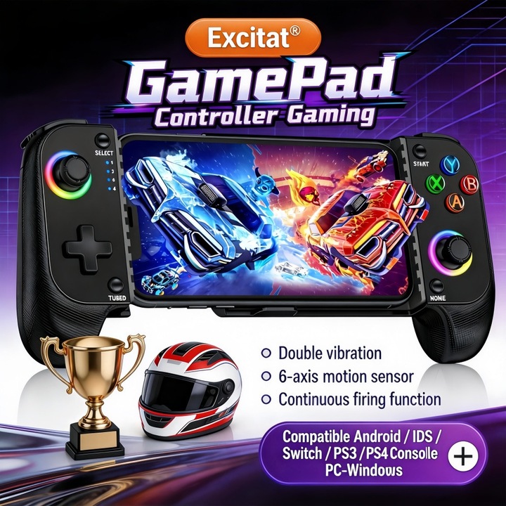 GamePad Controller Gaming, Wireless, Excitat®, Bluetooth, pentru telefon Android /IOS /Switch / PS3 /PS4 Consola/Nintendo Switch/PC-Windows, RGB, vibratie dubla, functie de tragere rapida, Extensibil 135-180mm, Negru