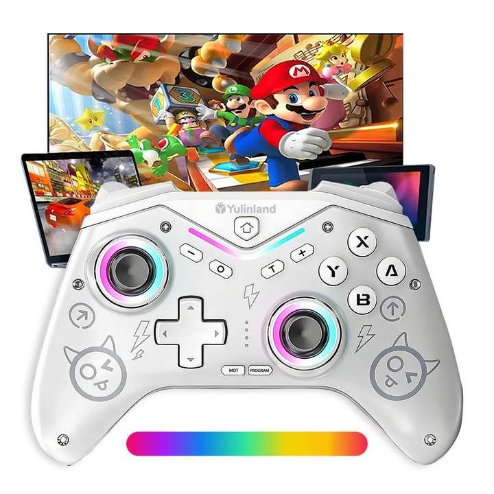 Gamepad Wireless Bluetooth, Yulinland®, Joystick Hall, Capac Magnetic Translucid, Lumini LED Dinamice, Turbo Reglabil, Alb