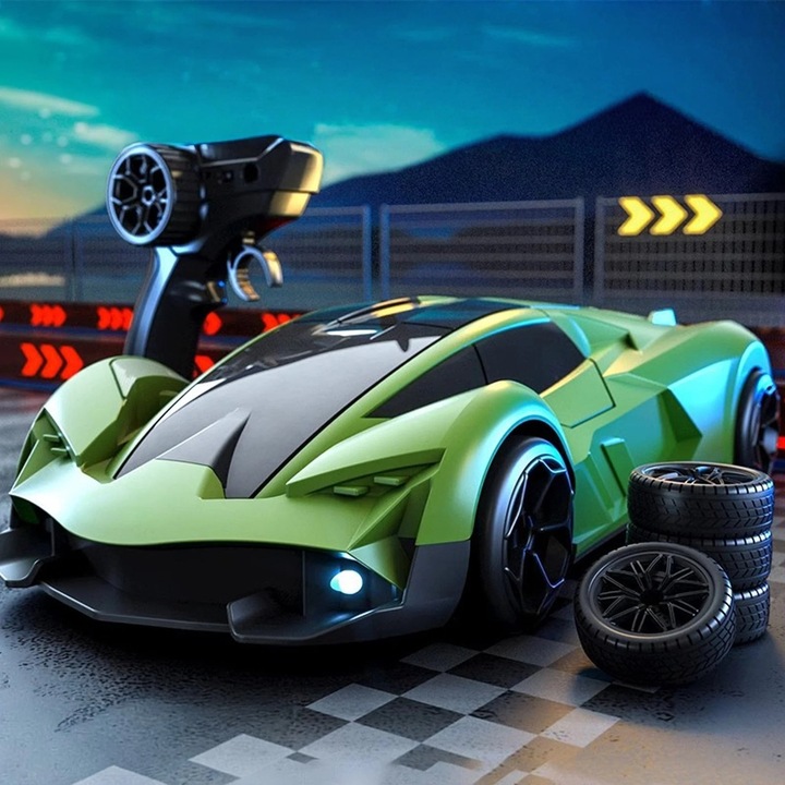 Masina RC Timebox - Lamborghini 4WD pentru viteza si drift, Model cu 3 trepte de acceleratie, 2 seturi de anvelope, Obstacole si lumini incluse, Baterie reincarcabila cu autonomie extinsa, Verde