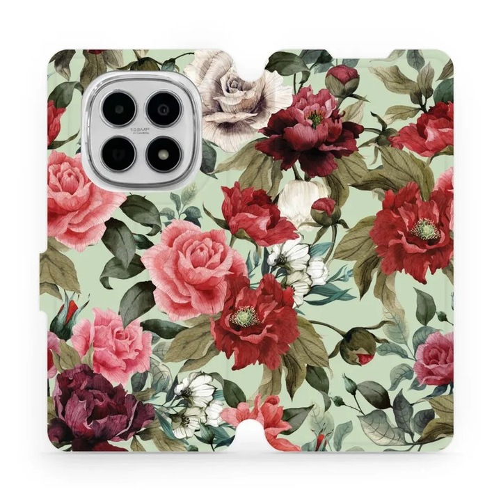 Калъф флип Mobiwear за Xiaomi Redmi Note 15 4G, дизайн цветя на зелен фон, устойчив на удари и надрасквания