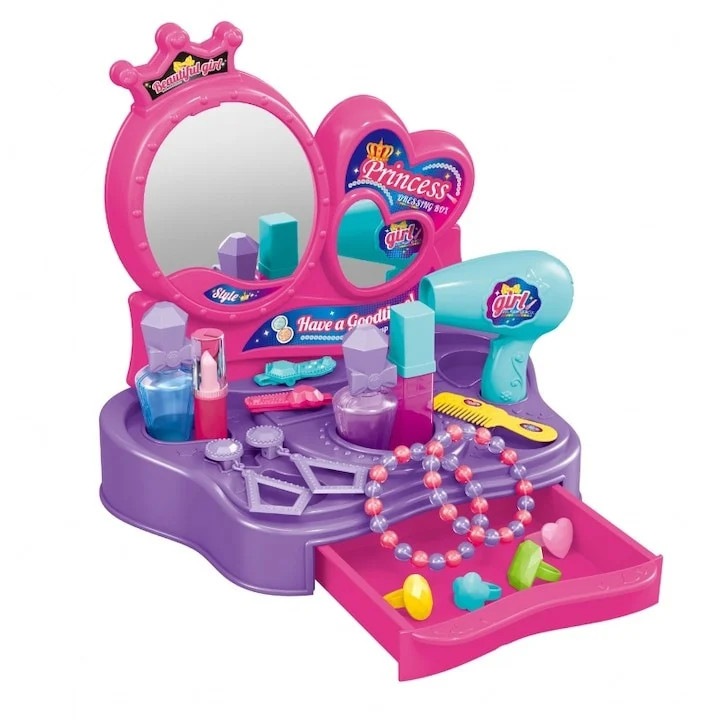 Set masuta de toaleta pentru copii, uscator, parfum, bijuterii, plastic, multicolor, 34 x 24 x 5.5 cm, Dactylion®