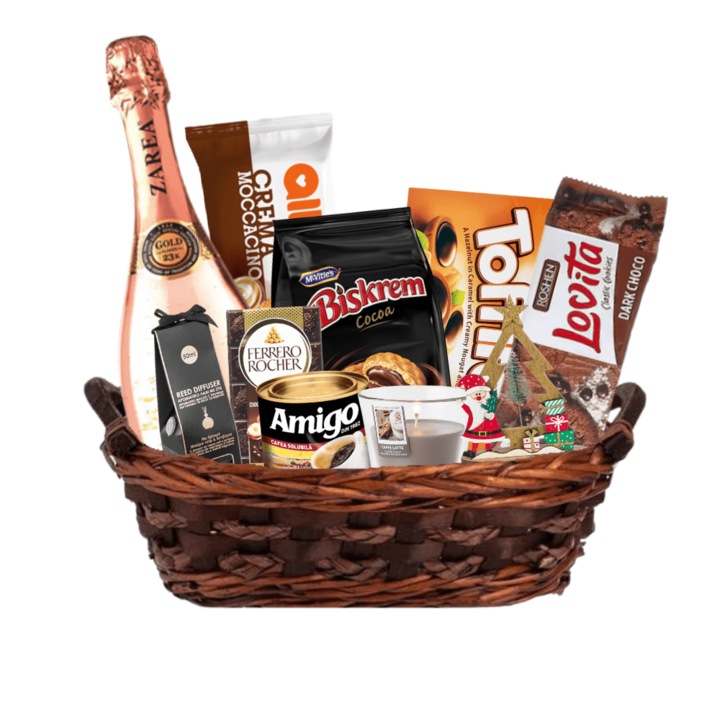 Cos Cadou Premium Royal Gold, set cu vin spumant Rose, cafea, ciocolată, biscuiți, lumanare parfumata, 32x21x14cm