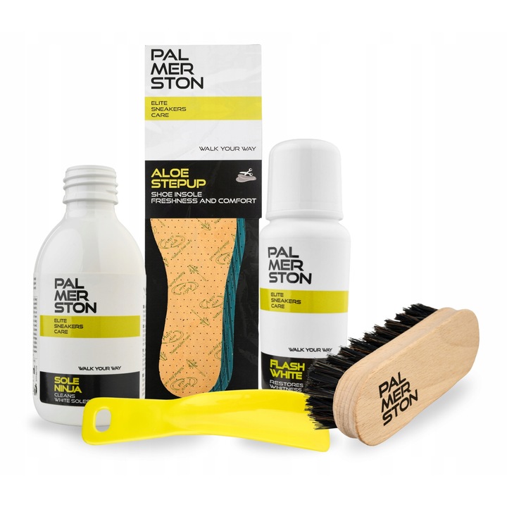 Set accesorii pentru curatarea incaltamintei, Palmerston, 5 in 1, Insertii pentru incaltaminte, Pasta alba, Perie 12 cm, Incaltator 15 cm, Lichid de curatare 125 ml, Accesorii de taiere, Culoare: Multicolor, Setul include: insertii, pasta alba, perie