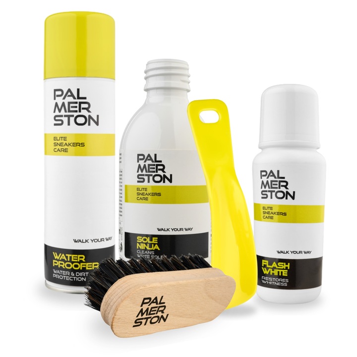 Set de ingrijire a incaltamintei, Palmerston, 5 in 1, 75 g, 125 ml, 250 ml, pasta alba, incaltator, perie, lichid de curatare, impregnare, Multicolor, setul include: 1x pasta alba 75 g, 1x incaltator 15 cm, 1x perie 12 cm, 1x lichid de curatare 125 ml