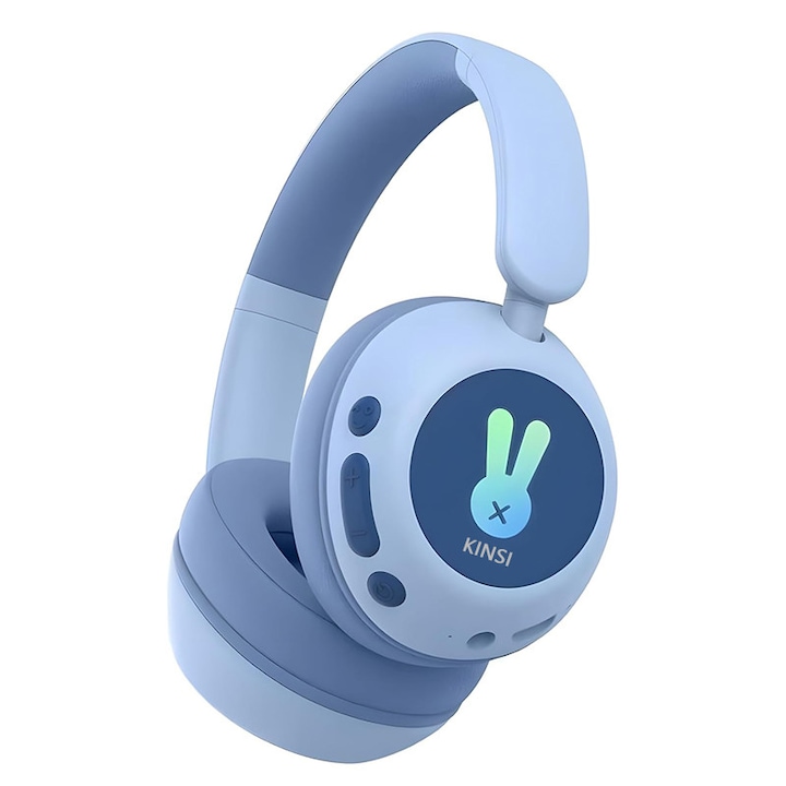 Casti audio wireless copii KINSI, Bluetooth 6.0, Functie protectie volum copii, Iluminare RGB, Conectare cablu AUX, Type C, Albastru