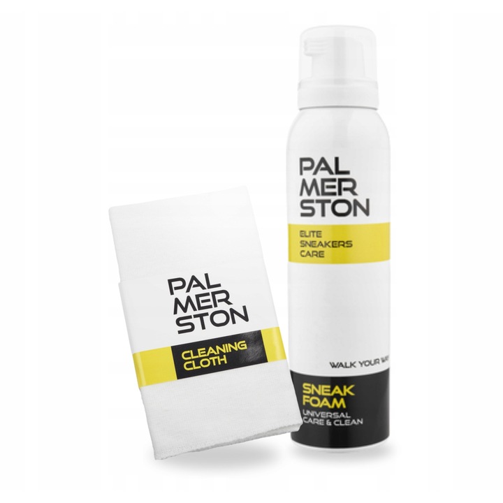 Kit de curatare a incaltamintei, Palmerston, Sneakfoam, 150 ml, Spuma de curatare, Laveta de bumbac, Multicolor, Set 2 in 1, Material: spuma, bumbac, Sticla cu pompa convenabila, Formula sigura, Utilizare universala, Reimprospatare rapida fara