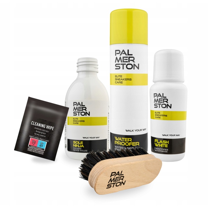 Set pentru curatarea si impregnarea pantofilor albi, Palmerston, 5 in 1, 75 g, 250 ml, 125 ml, servetel pentru piele, perie de 12 cm, multicolor, setul include: Palmerston Flashwhite, servetel curat, Palmerston Waterproofer, perie Palmerston, Palmerston