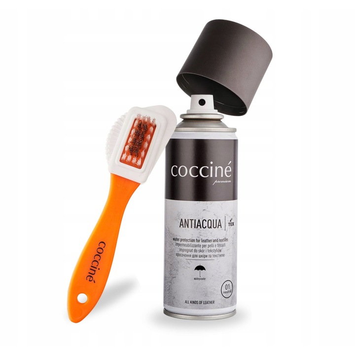 Impregnare pentru incaltaminte, Coccine, Antiacqua, 250 ml, set 2 in 1, perie pentru piele intoarsa si nubuc, protectie eficienta impotriva apei, previne acumularea de praf, pastreaza respirabilitatea materialelor, efect de lunga durata, utilizare
