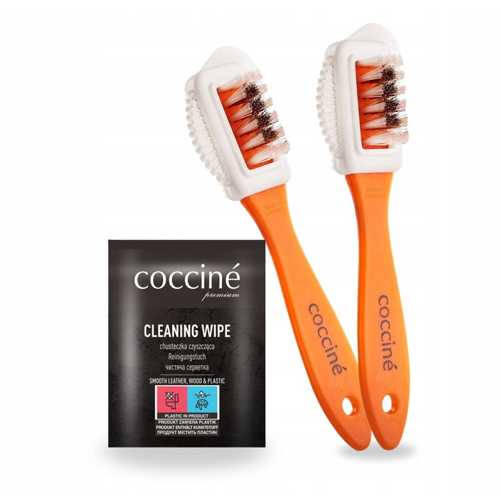 Set de curatare, Coccine, Perie cu doua fete pentru piele intoarsa si nubuc x2 cu servetel, 3 piese, Indepartare eficienta a murdariei, Forma ergonomica, Sigur pentru piele intoarsa si nubuc, Perfect pentru ingrijirea obisnuita a incaltamintei